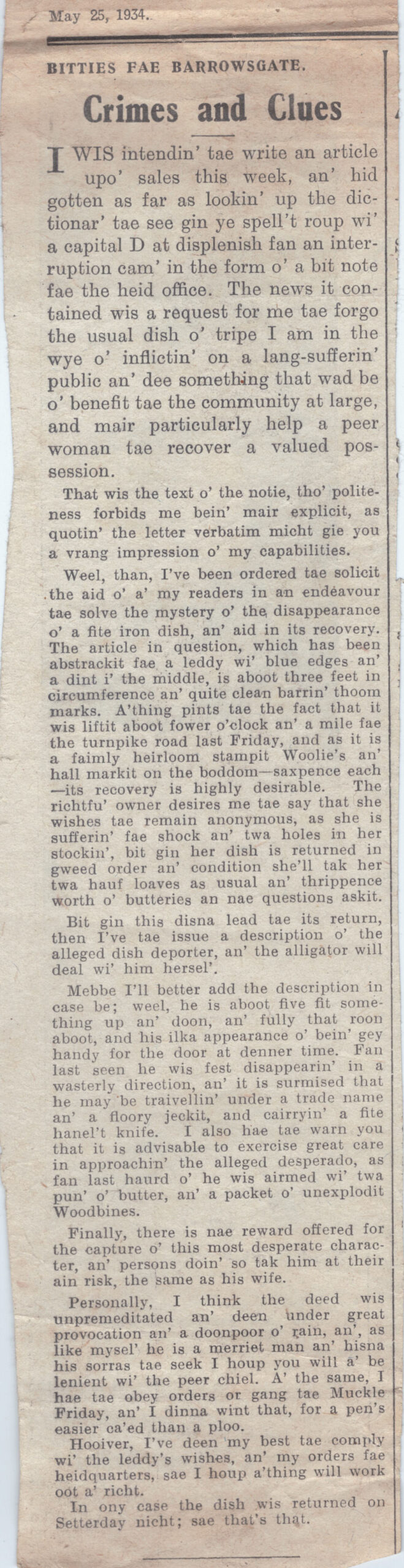 Wry obervations about rural life in north-east Scotland in the 1930s written by Barrowsgate in Doric