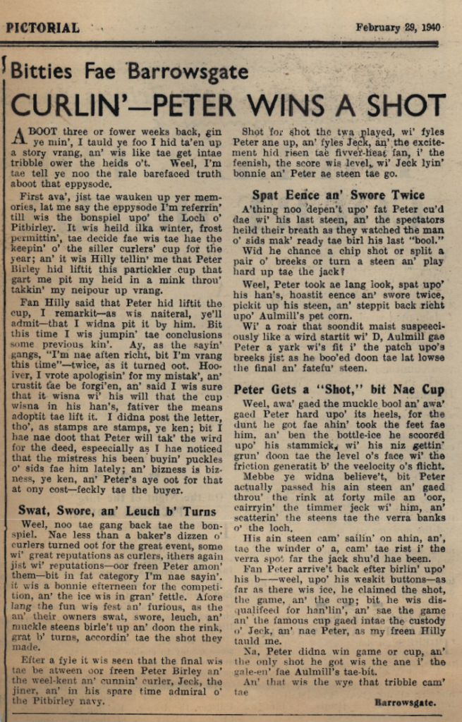 Wry obervations about rural life in north-east Scotland in the 1930s written by Barrowsgate in Doric