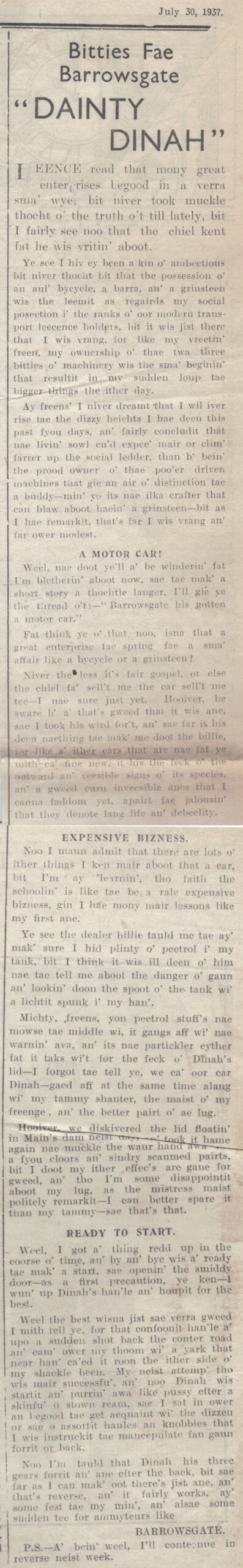 Wry obervations about rural life in north-east Scotland in the 1930s written by Barrowsgate in Doric