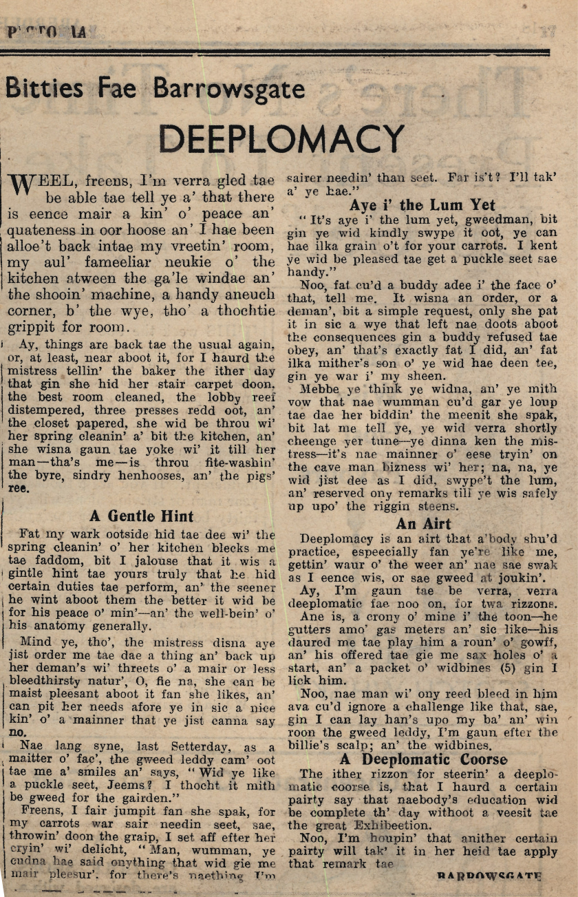 Wry obervations about rural life in north-east Scotland in the 1930s written by Barrowsgate in Doric