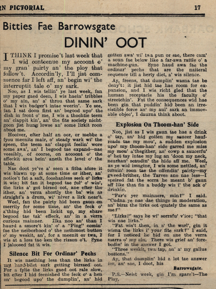 Wry obervations about rural life in north-east Scotland in the 1930s written by Barrowsgate in Doric