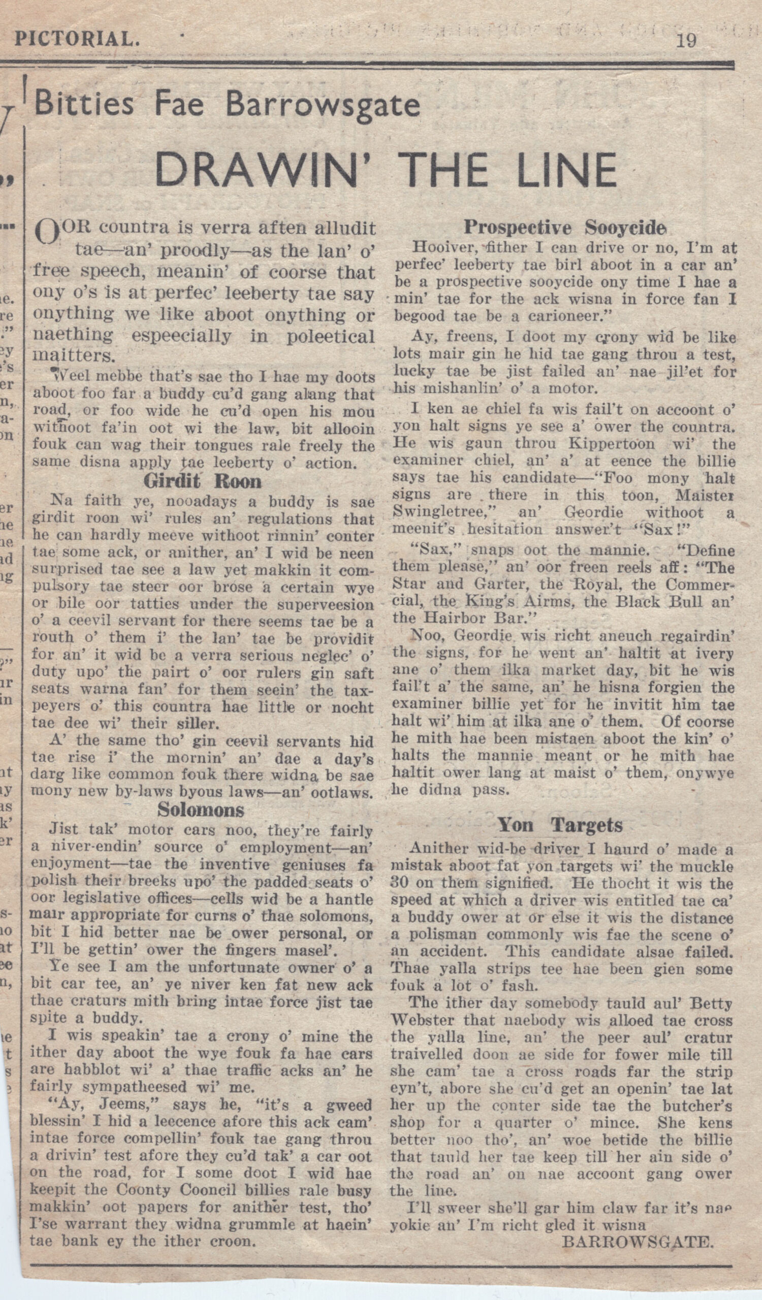 Wry obervations about rural life in north-east Scotland in the 1930s written by Barrowsgate in Doric