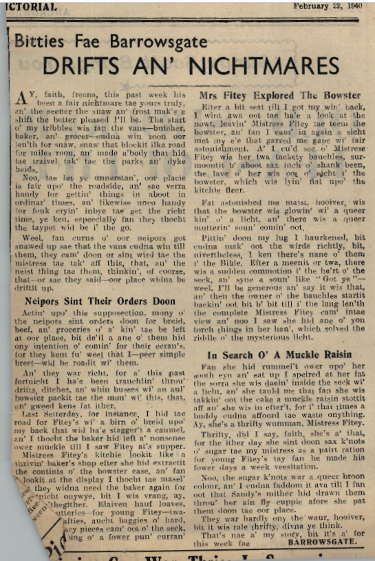 Wry obervations about rural life in north-east Scotland in the 1930s written by Barrowsgate in Doric
