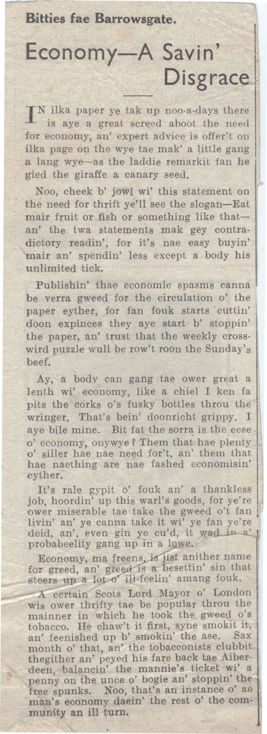 Wry obervations about rural life in north-east Scotland in the 1930s written by Barrowsgate in Doric