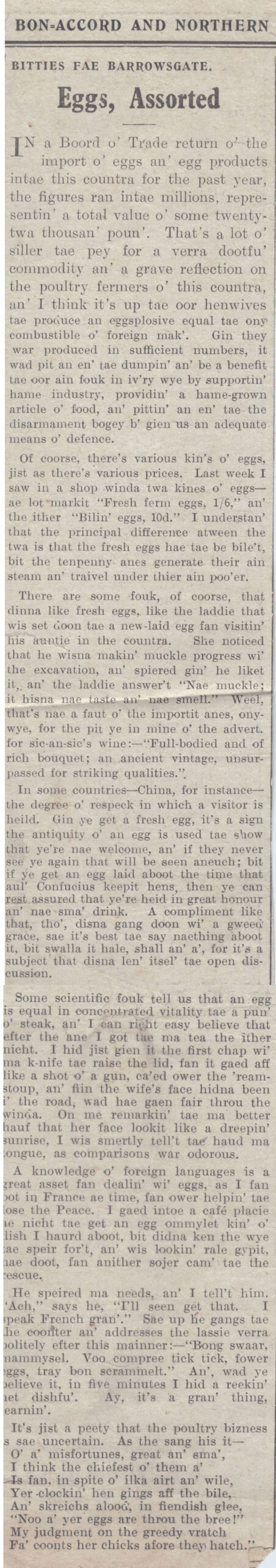 Wry obervations about rural life in north-east Scotland in the 1930s written by Barrowsgate in Doric