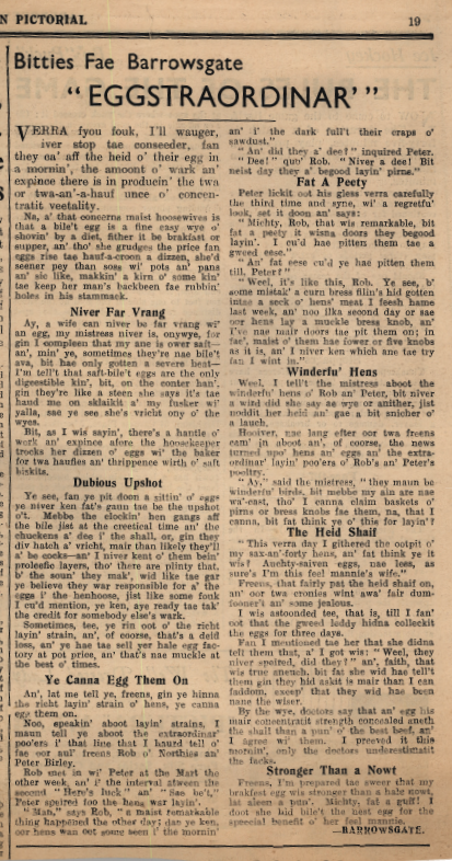 Wry obervations about rural life in north-east Scotland in the 1930s written by Barrowsgate in Doric