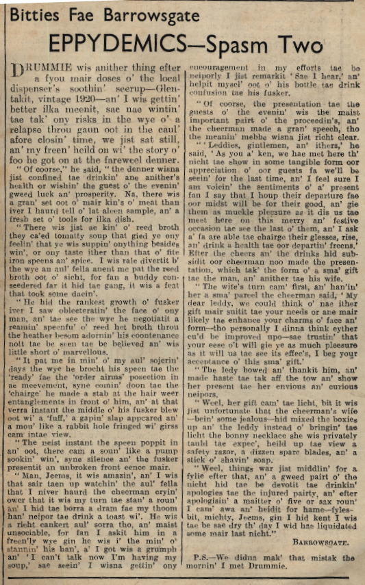 Wry obervations about rural life in north-east Scotland in the 1930s written by Barrowsgate in Doric