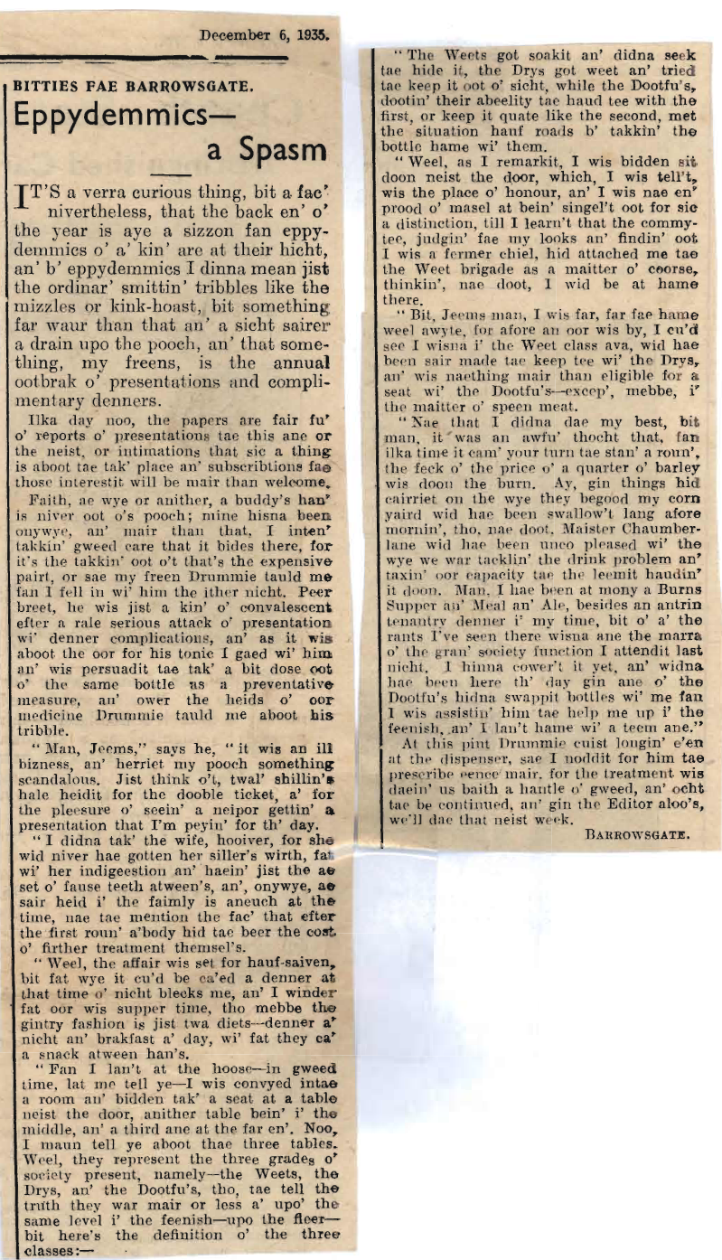 Wry obervations about rural life in north-east Scotland in the 1930s written by Barrowsgate in Doric