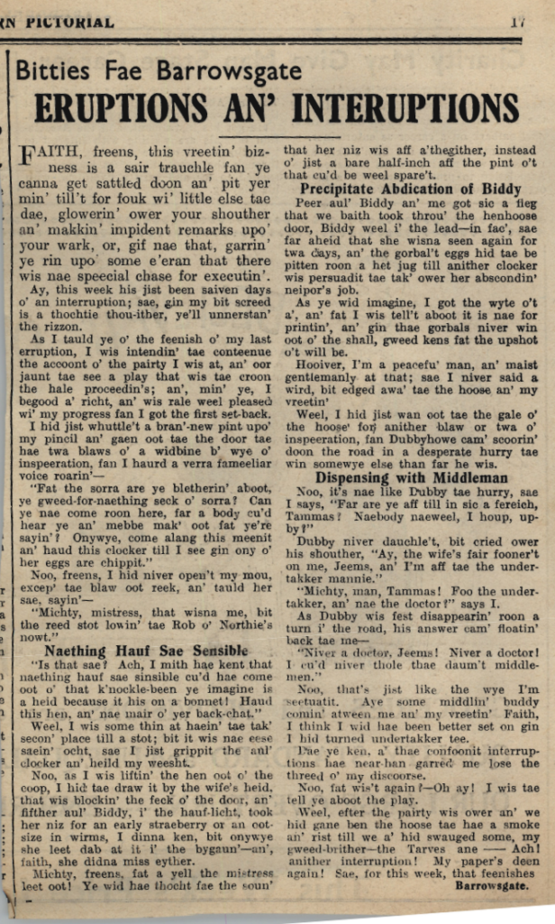 Wry obervations about rural life in north-east Scotland in the 1930s written by Barrowsgate in Doric