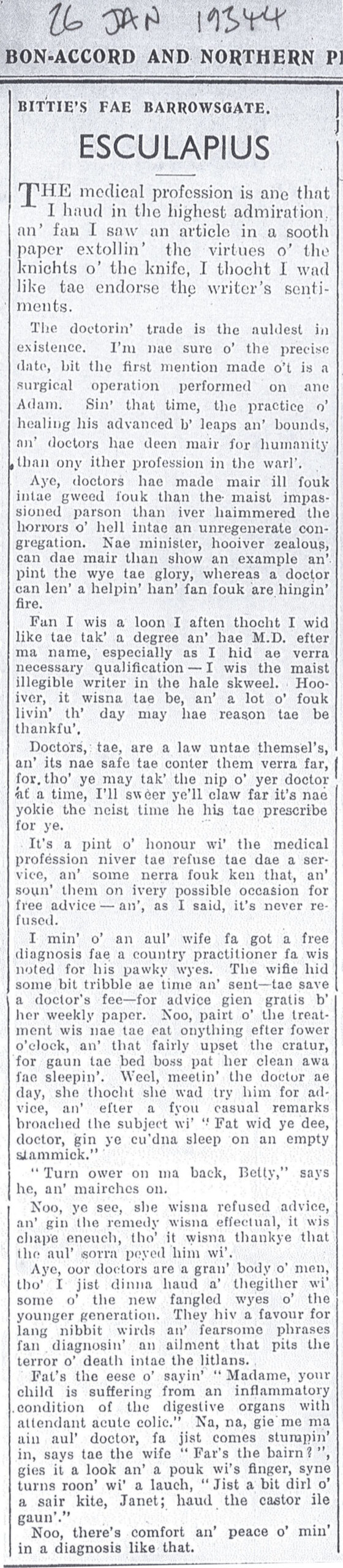 Wry observations of rural life in north-east Scotland written in Doric by Barrowsgate.