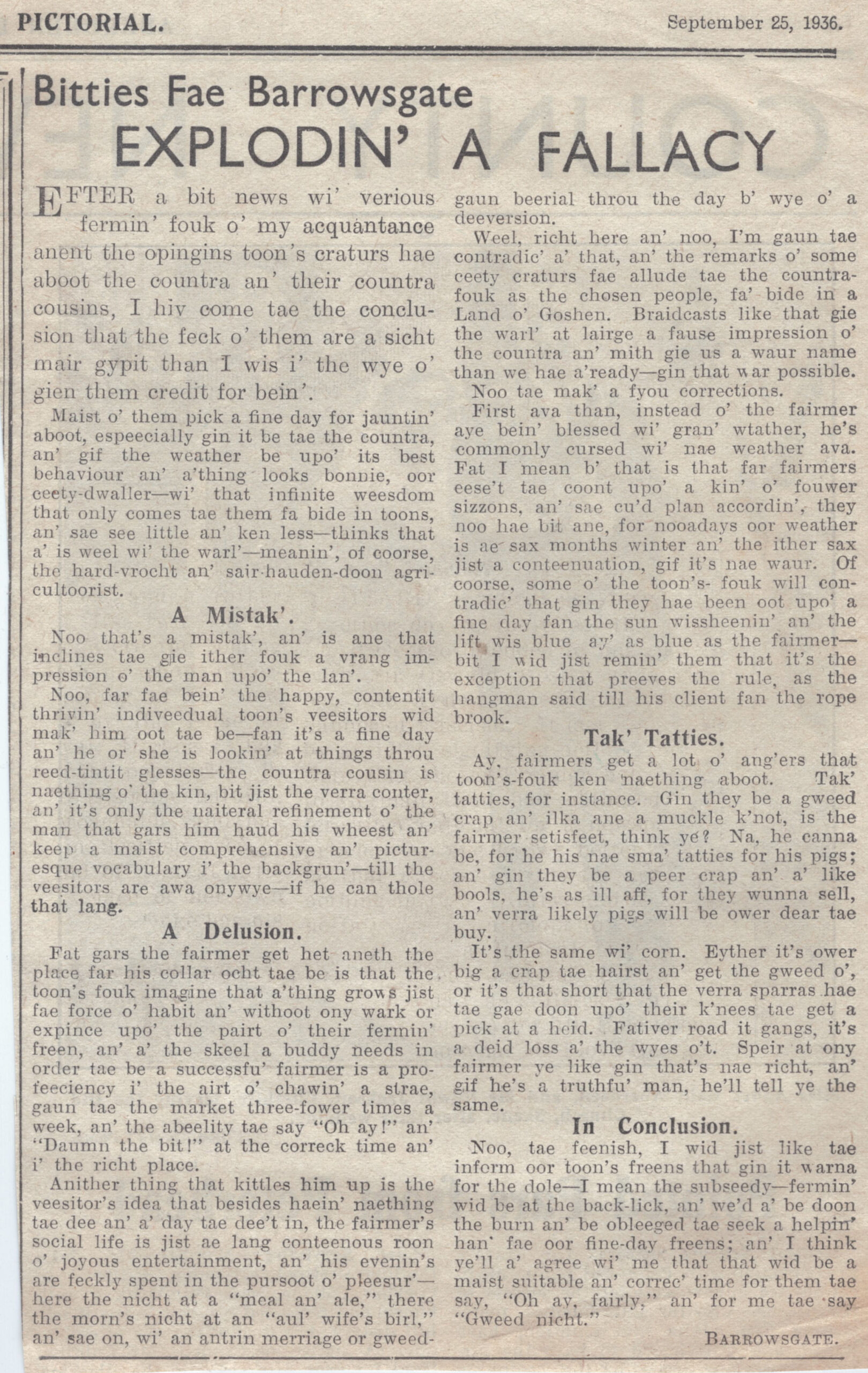 Wry obervations about rural life in north-east Scotland in the 1930s written by Barrowsgate in Doric