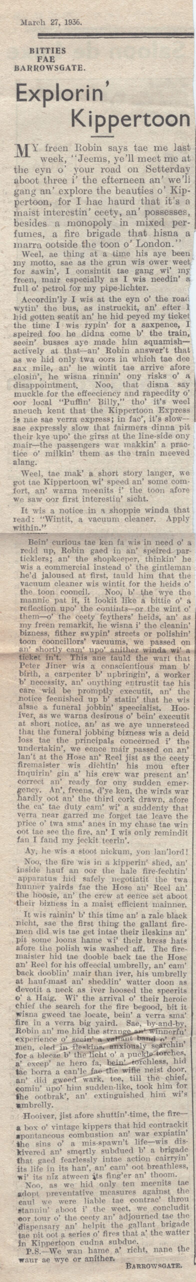 Wry obervations about rural life in north-east Scotland in the 1930s written by Barrowsgate in Doric