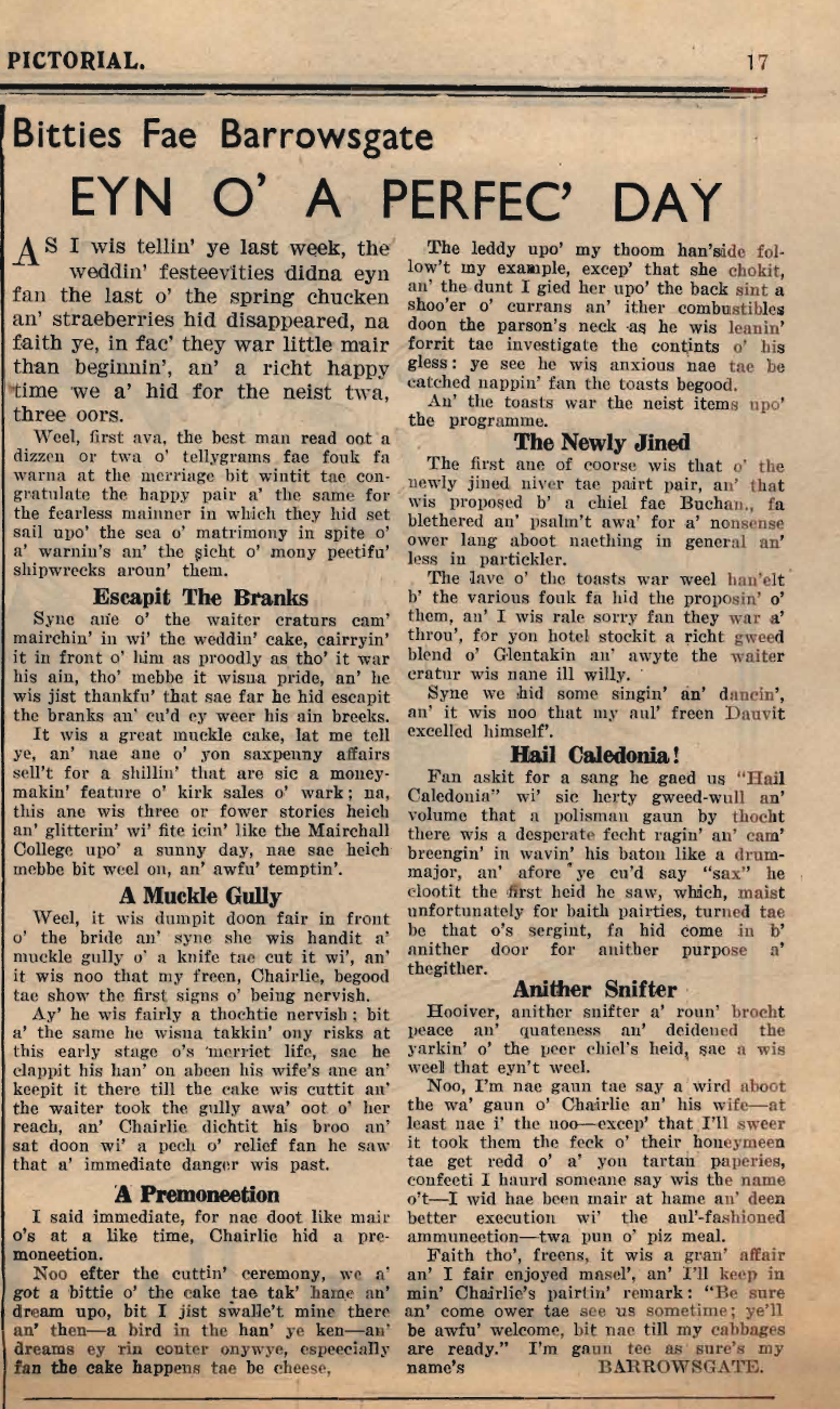 Wry obervations about rural life in north-east Scotland in the 1930s written by Barrowsgate in Doric