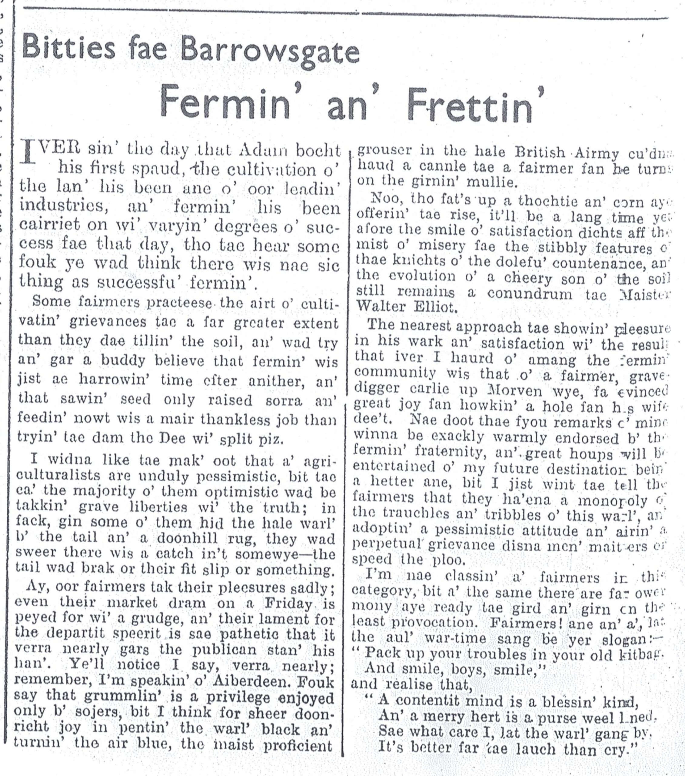 Wry obervations about rural life in north-east Scotland in the 1930s written by Barrowsgate in Doric