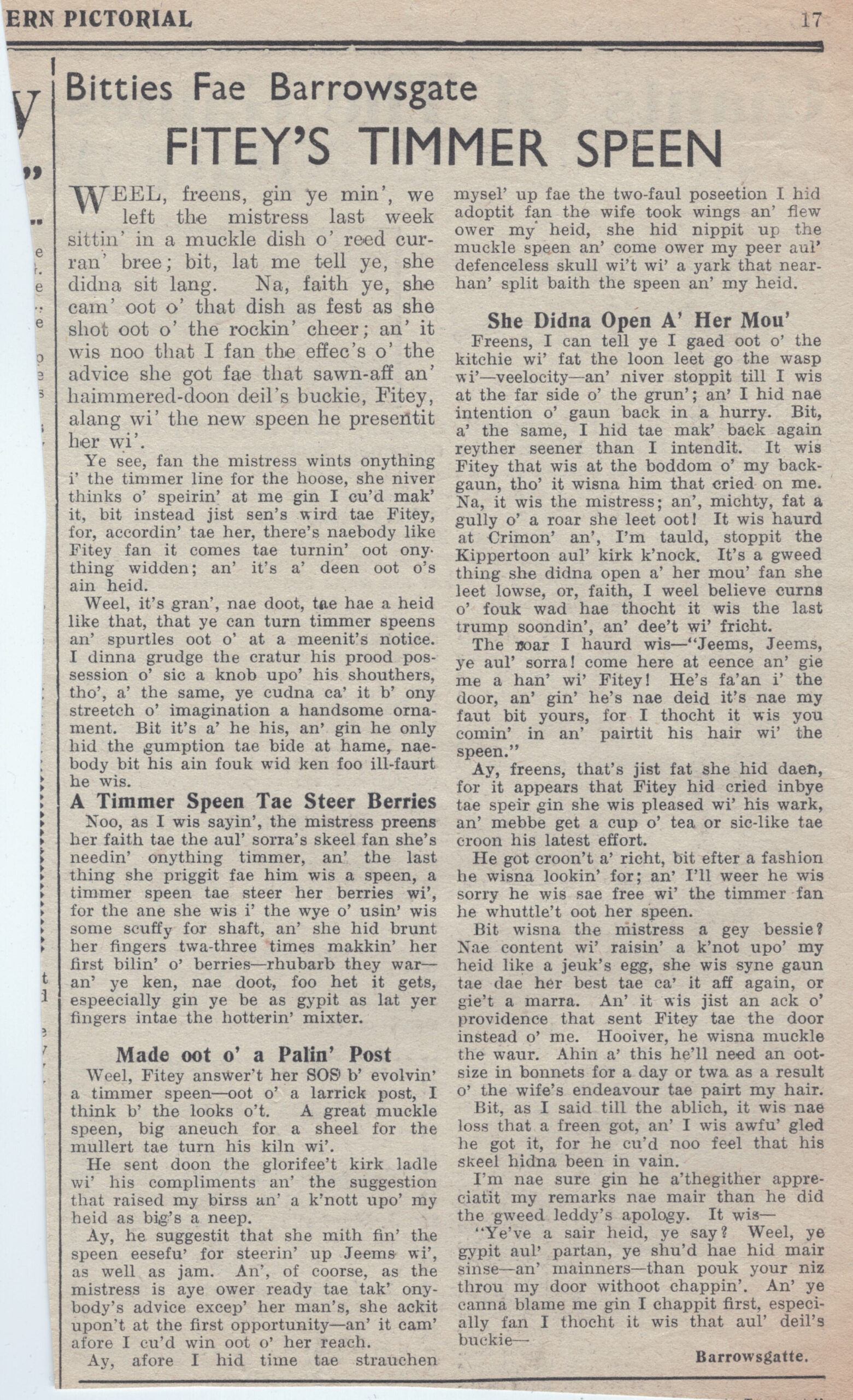 Wry obervations about rural life in north-east Scotland in the 1930s written by Barrowsgate in Doric