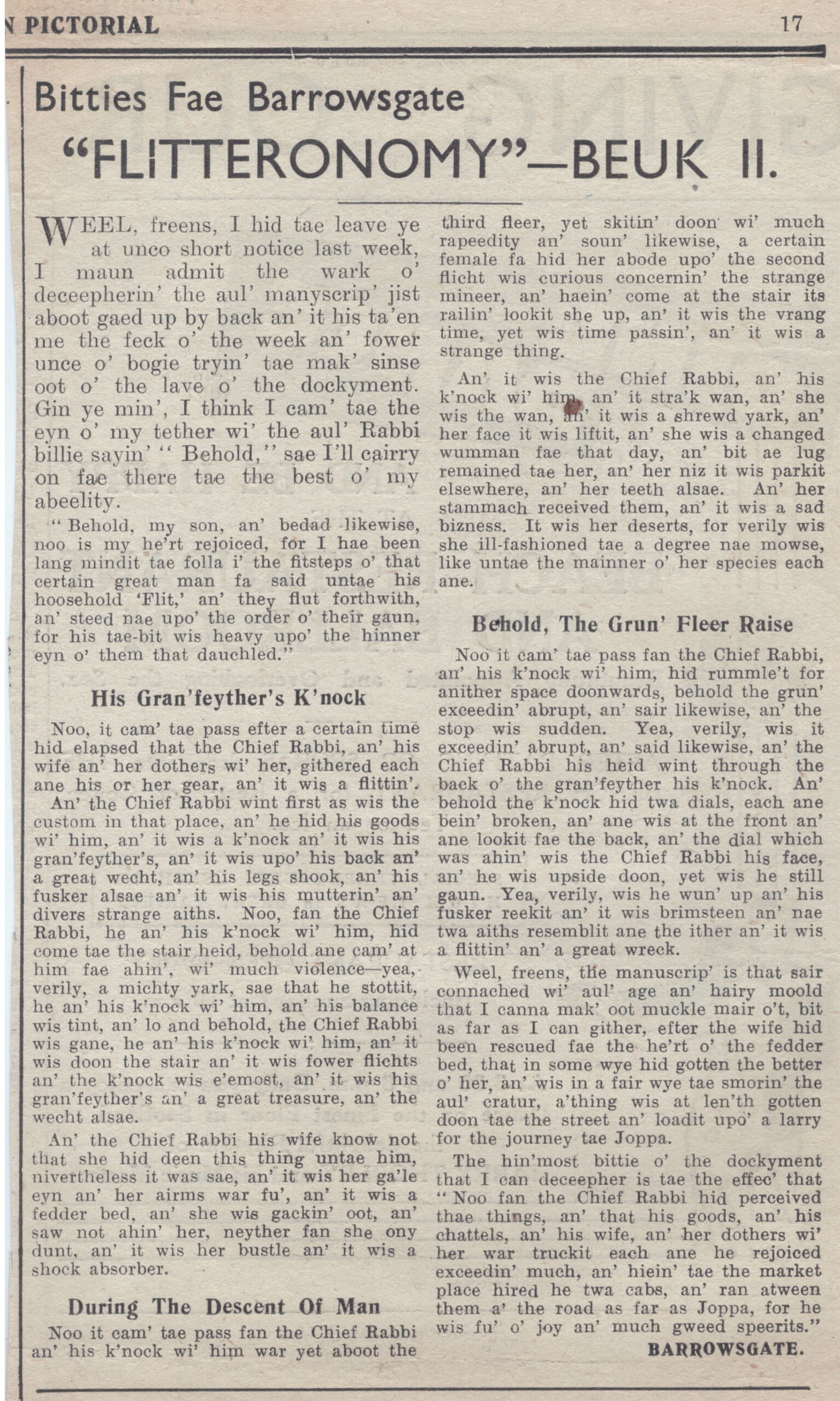 Wry obervations about rural life in north-east Scotland in the 1930s written by Barrowsgate in Doric