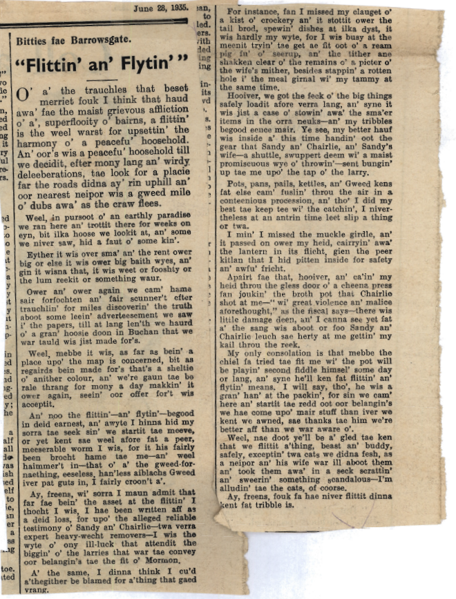 Wry obervations about rural life in north-east Scotland in the 1930s written by Barrowsgate in Doric
