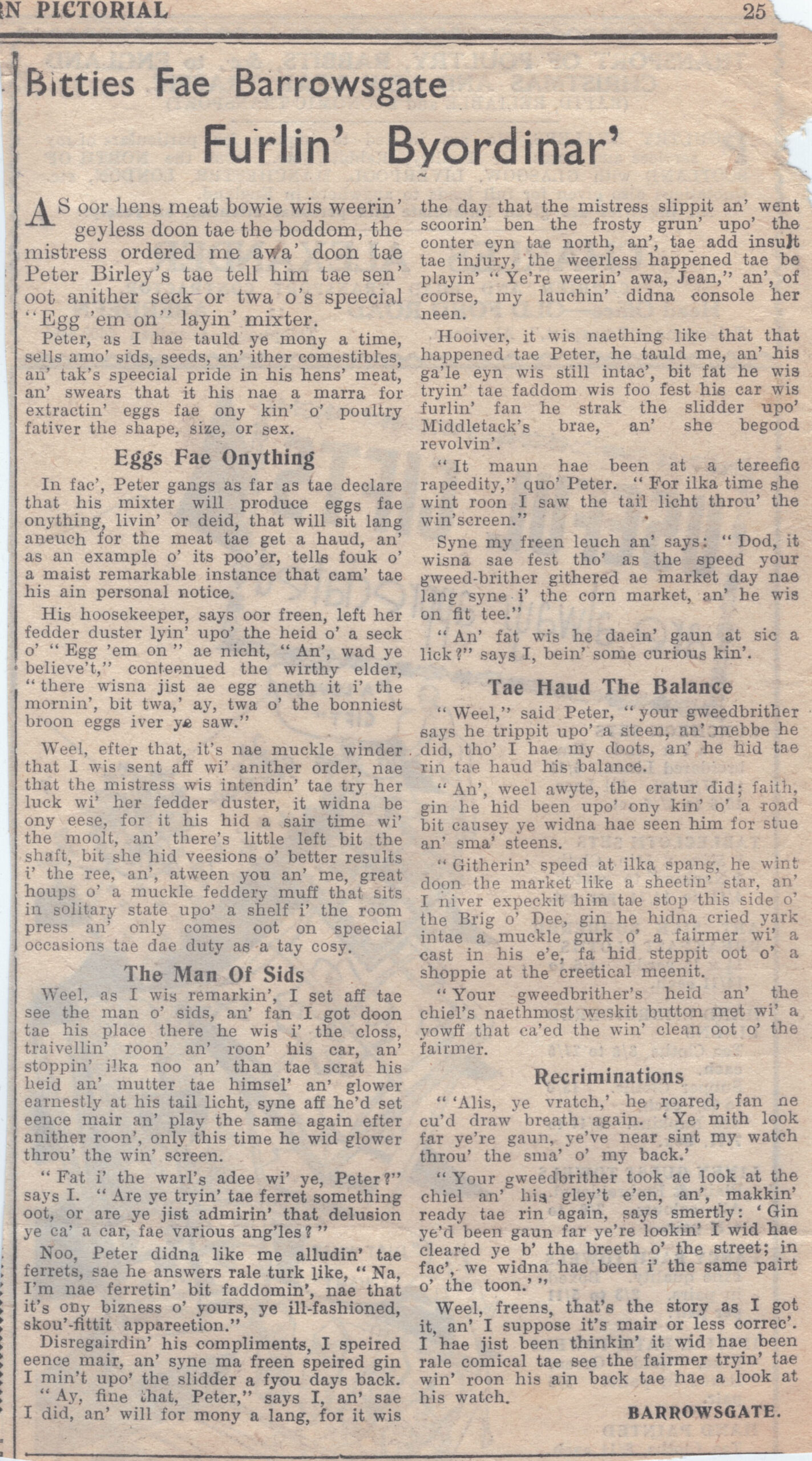 Wry obervations about rural life in north-east Scotland in the 1930s written by Barrowsgate in Doric