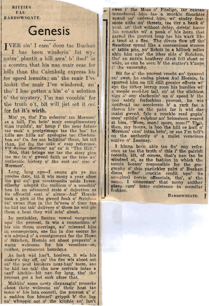 Wry obervations about rural life in north-east Scotland in the 1930s written by Barrowsgate in Doric