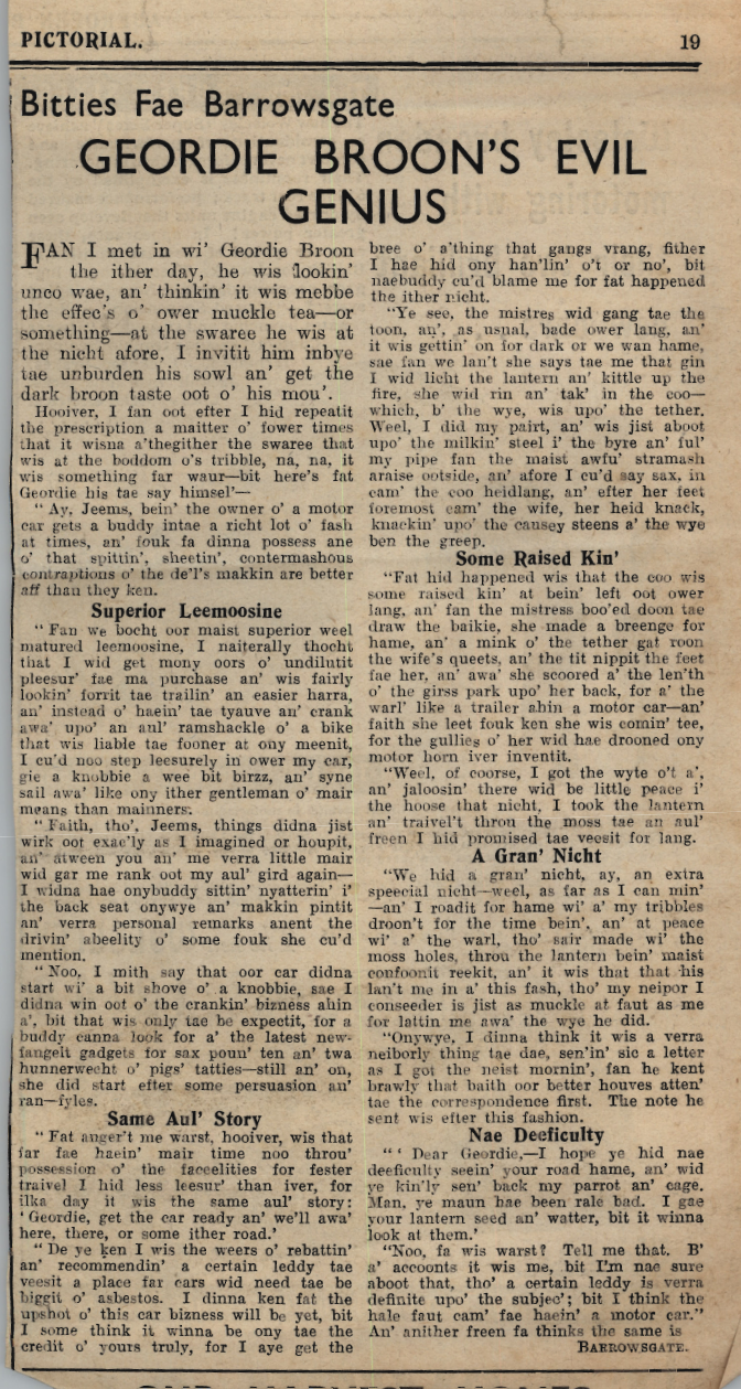 Wry obervations about rural life in north-east Scotland in the 1930s written by Barrowsgate in Doric