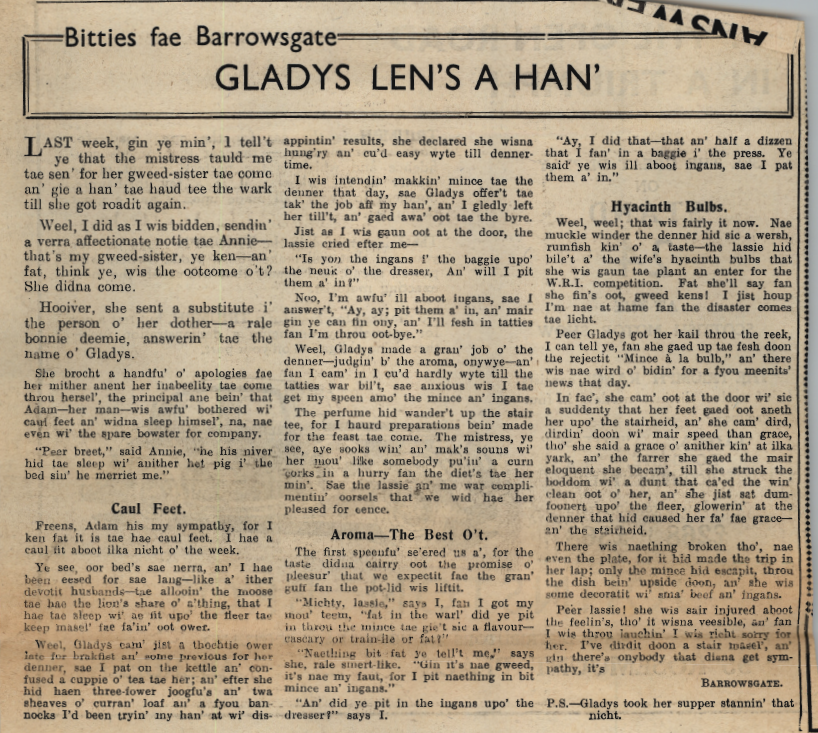 Wry obervations about rural life in north-east Scotland in the 1930s written by Barrowsgate in Doric