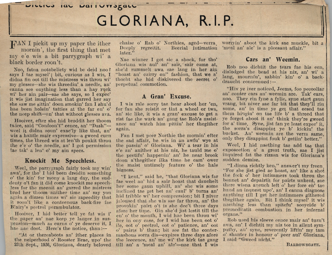 Wry obervations about rural life in north-east Scotland in the 1930s written by Barrowsgate in Doric