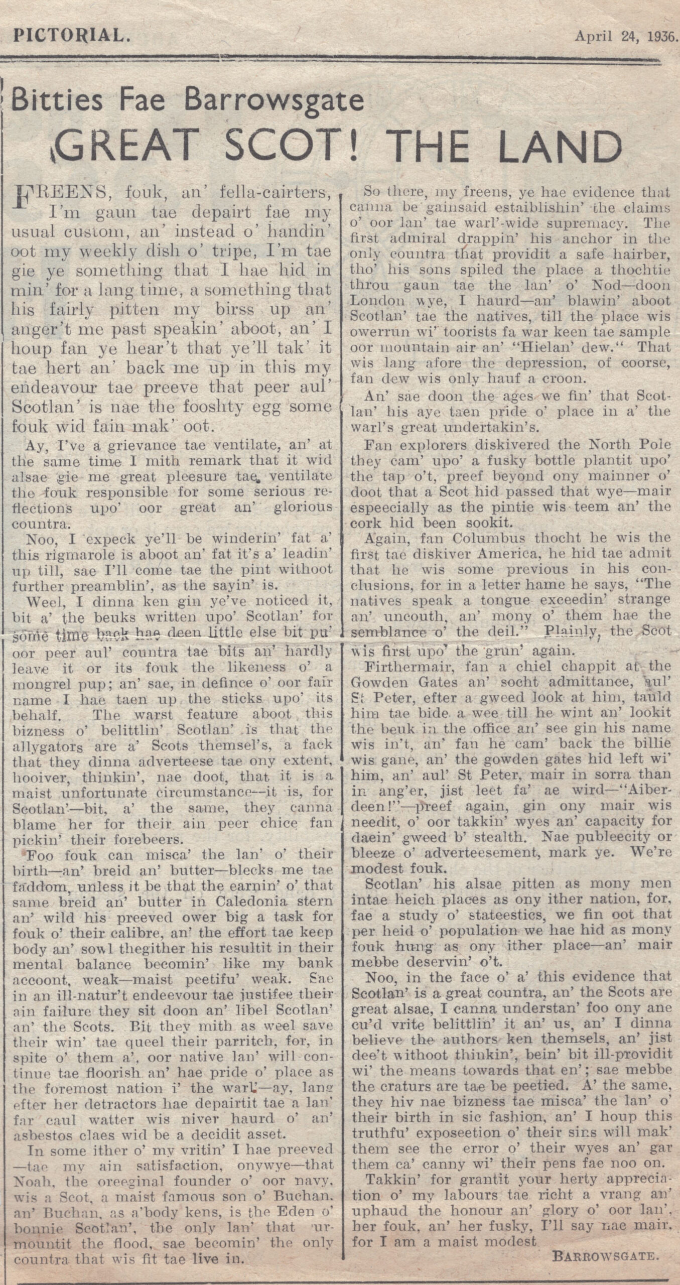 Wry obervations about rural life in north-east Scotland in the 1930s written by Barrowsgate in Doric