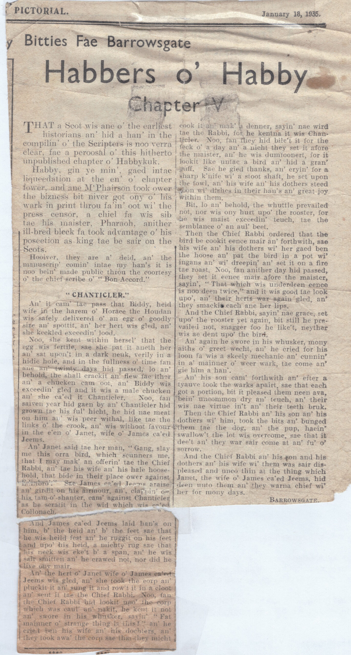 Wry obervations about rural life in north-east Scotland in the 1930s written by Barrowsgate in Doric