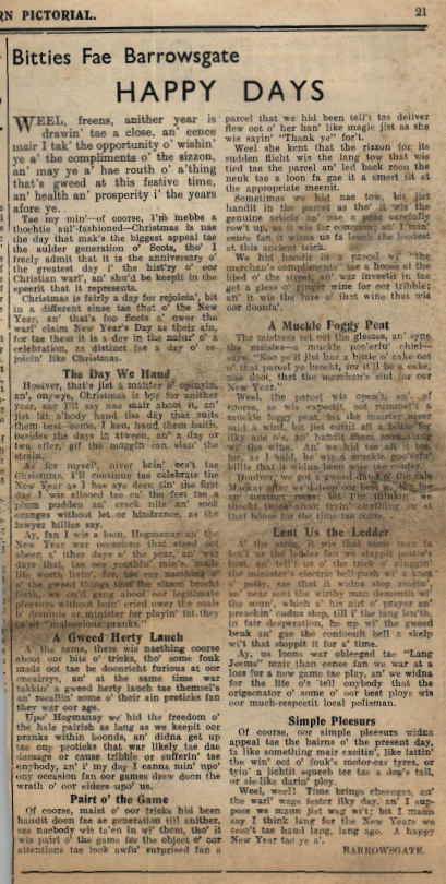 Wry obervations about rural life in north-east Scotland in the 1930s written by Barrowsgate in Doric