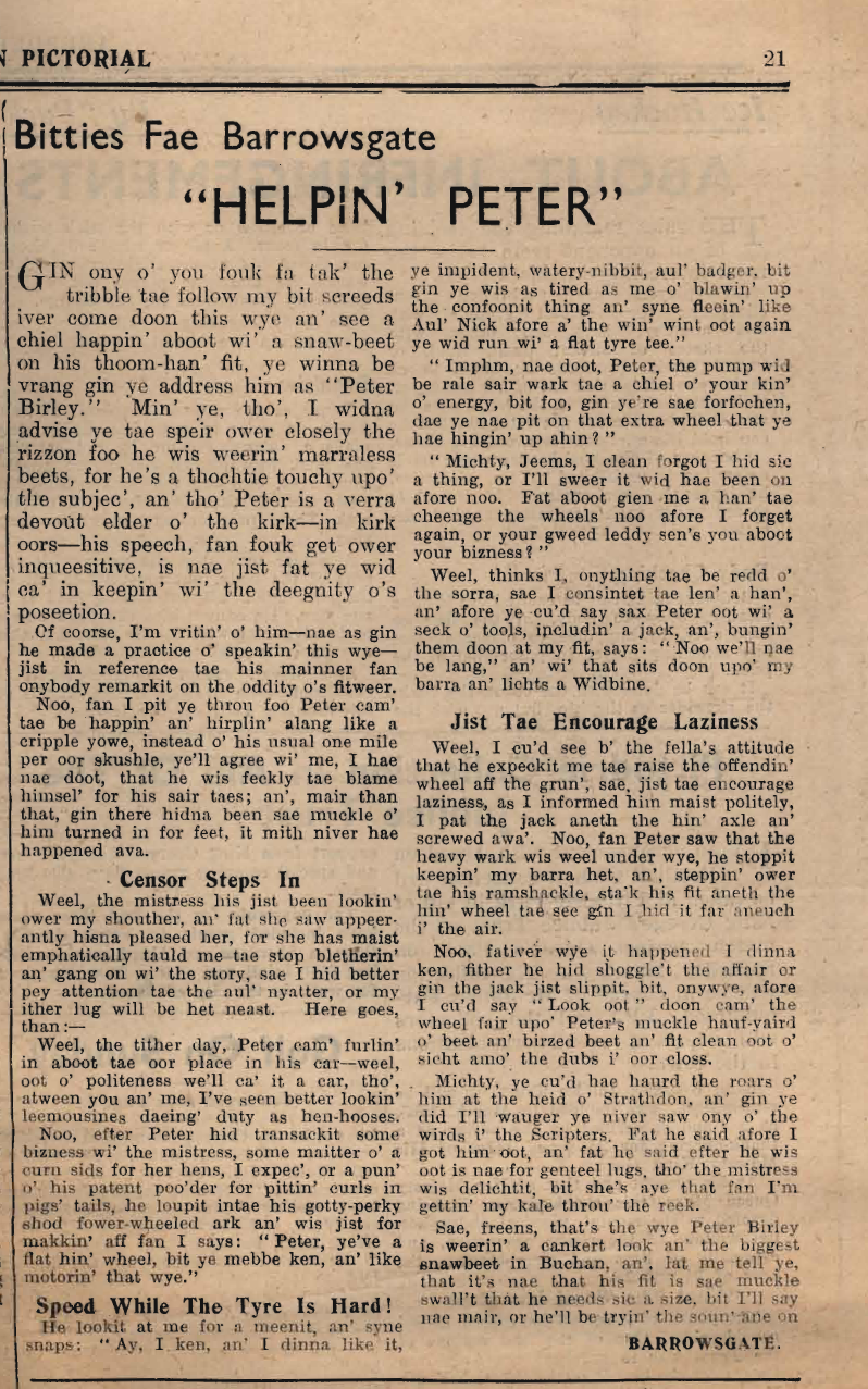 Wry obervations about rural life in north-east Scotland in the 1930s written by Barrowsgate in Doric