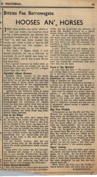 Wry obervations about rural life in north-east Scotland in the 1930s written by Barrowsgate in Doric