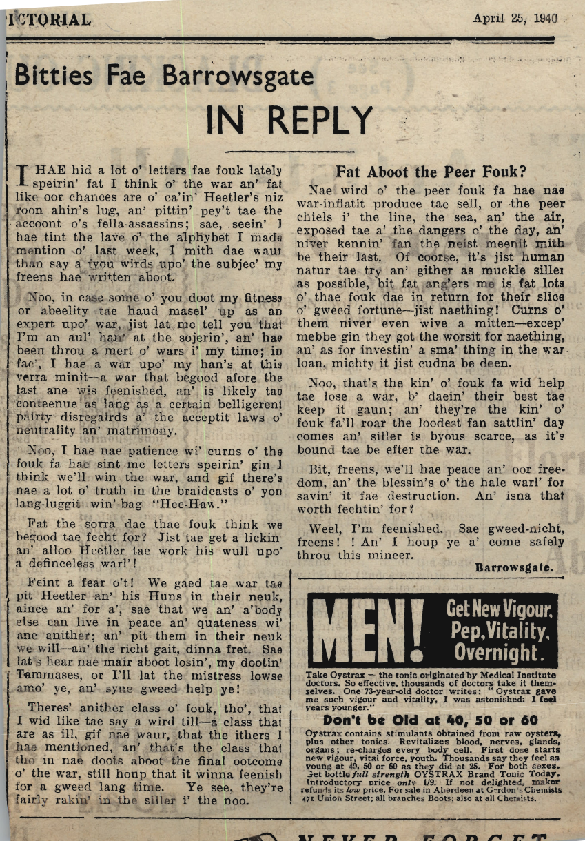 Wry obervations about rural life in north-east Scotland in the 1930s written by Barrowsgate in Doric