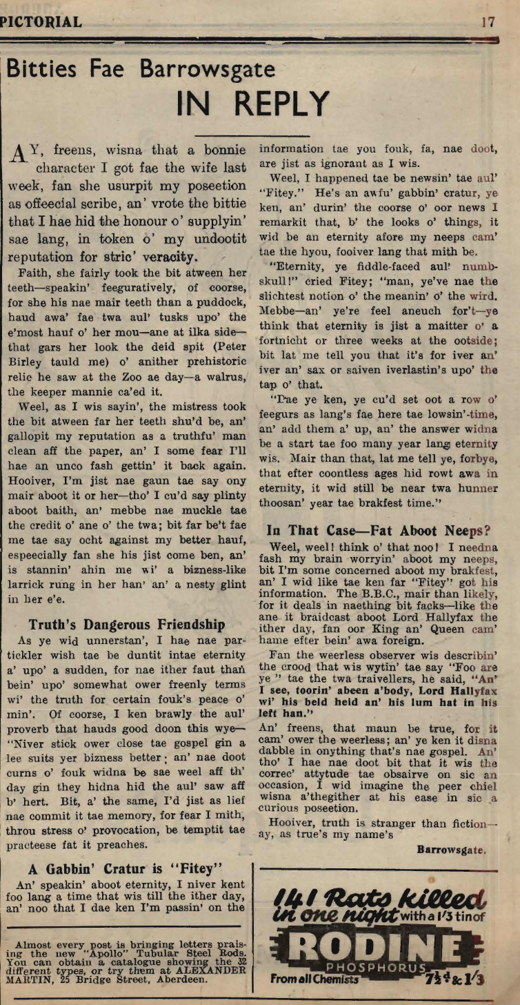Wry obervations about rural life in north-east Scotland in the 1930s written by Barrowsgate in Doric