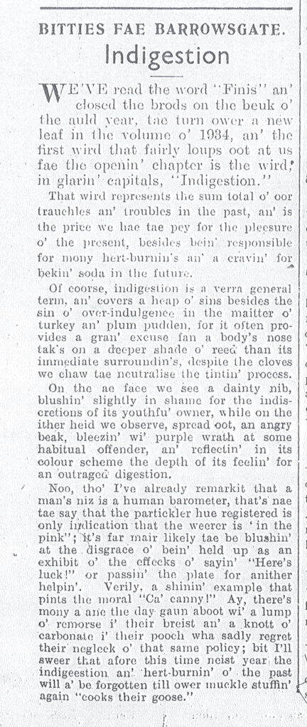 Wry obervations about rural life in north-east Scotland in the 1930s written by Barrowsgate in Doric