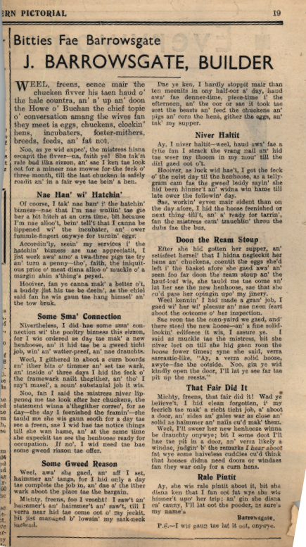 Wry obervations about rural life in north-east Scotland in the 1930s written by Barrowsgate in Doric