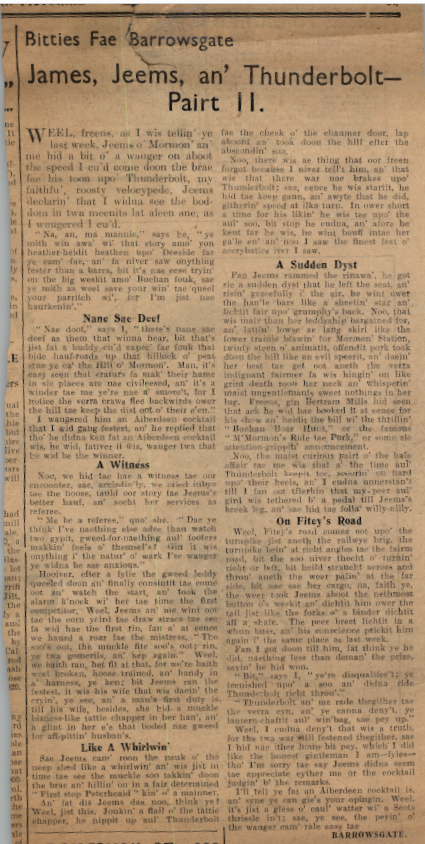 Wry obervations about rural life in north-east Scotland in the 1930s written by Barrowsgate in Doric