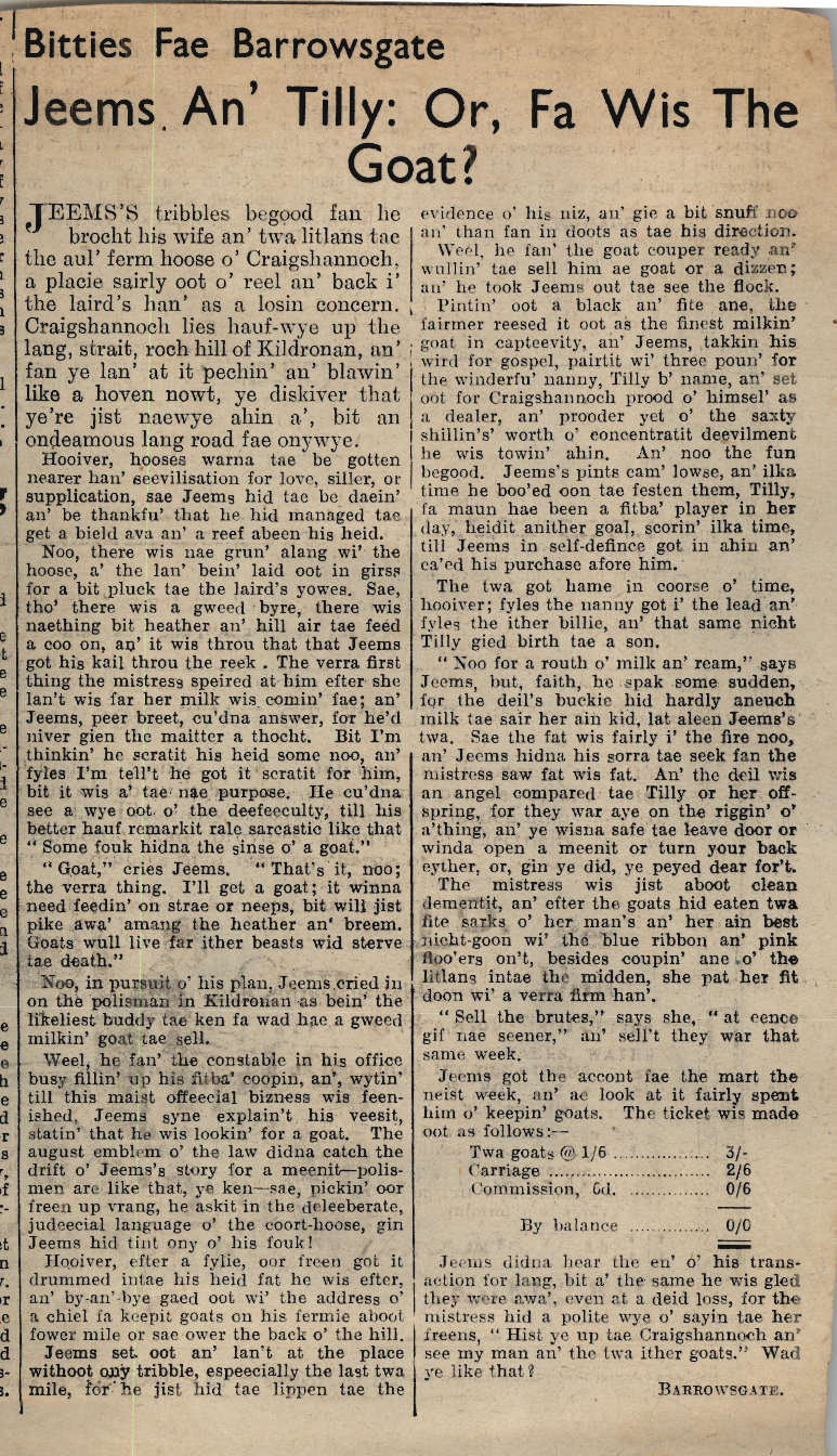 Wry obervations about rural life in north-east Scotland in the 1930s written by Barrowsgate in Doric