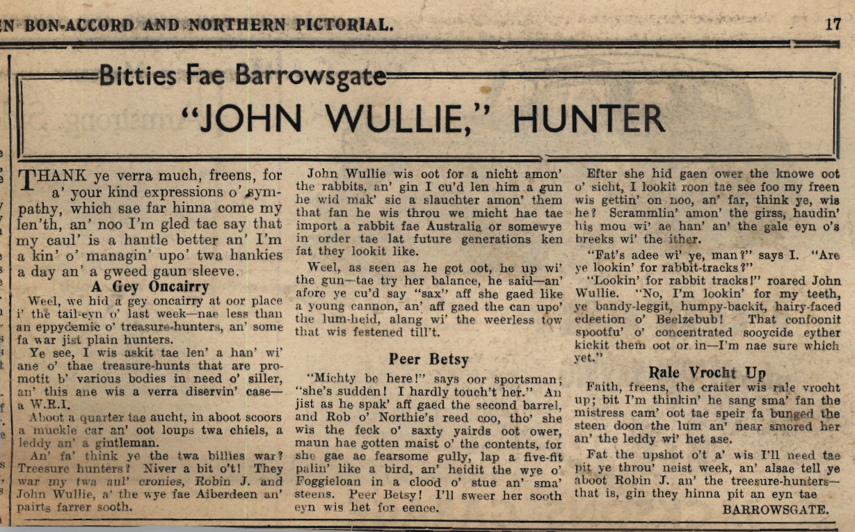 Wry obervations about rural life in north-east Scotland in the 1930s written by Barrowsgate in Doric