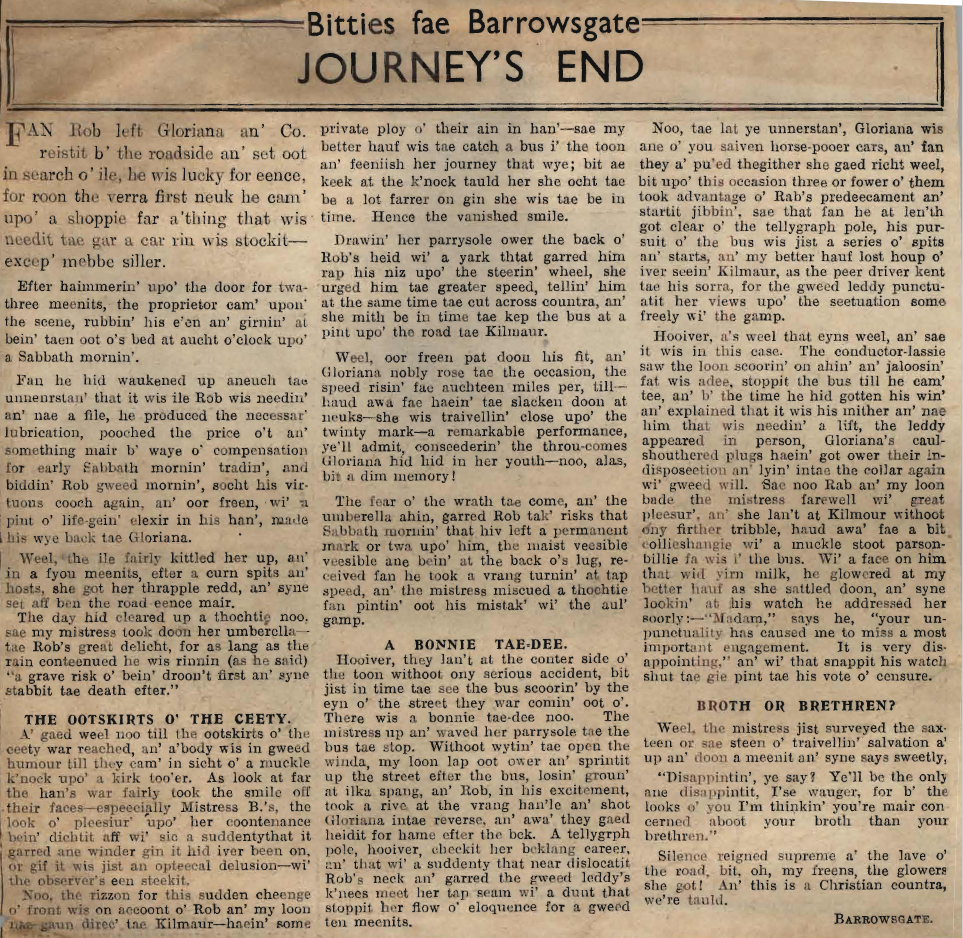 Wry obervations about rural life in north-east Scotland in the 1930s written by Barrowsgate in Doric