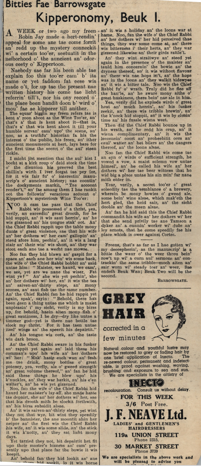 Wry obervations about rural life in north-east Scotland in the 1930s written by Barrowsgate in Doric