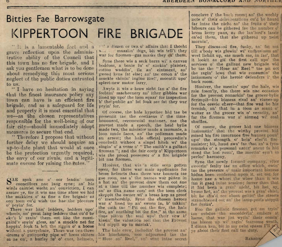Wry obervations about rural life in north-east Scotland in the 1930s written by Barrowsgate in Doric