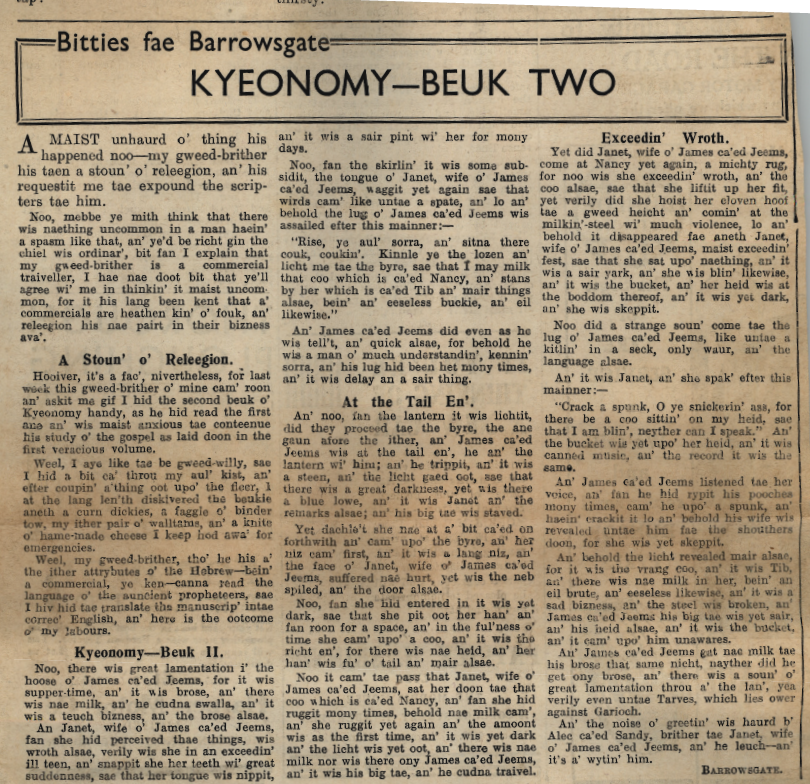 Wry obervations about rural life in north-east Scotland in the 1930s written by Barrowsgate in Doric