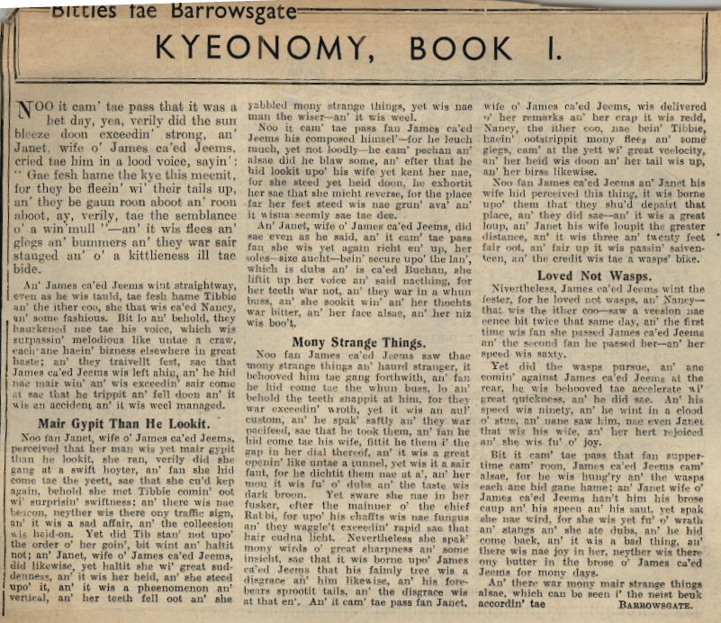 Wry obervations about rural life in north-east Scotland in the 1930s written by Barrowsgate in Doric