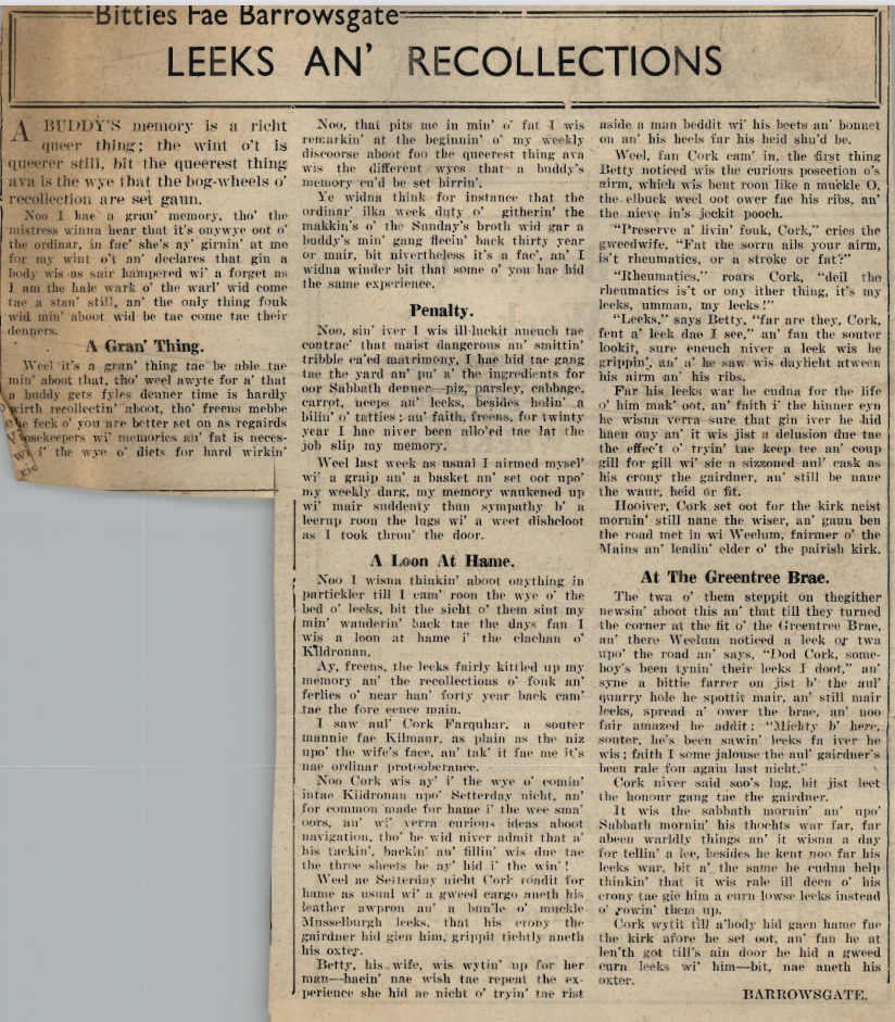 Wry obervations about rural life in north-east Scotland in the 1930s written by Barrowsgate in Doric