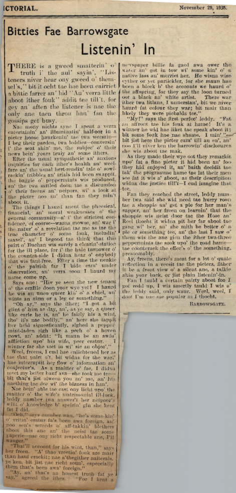 Wry obervations about rural life in north-east Scotland in the 1930s written by Barrowsgate in Doric