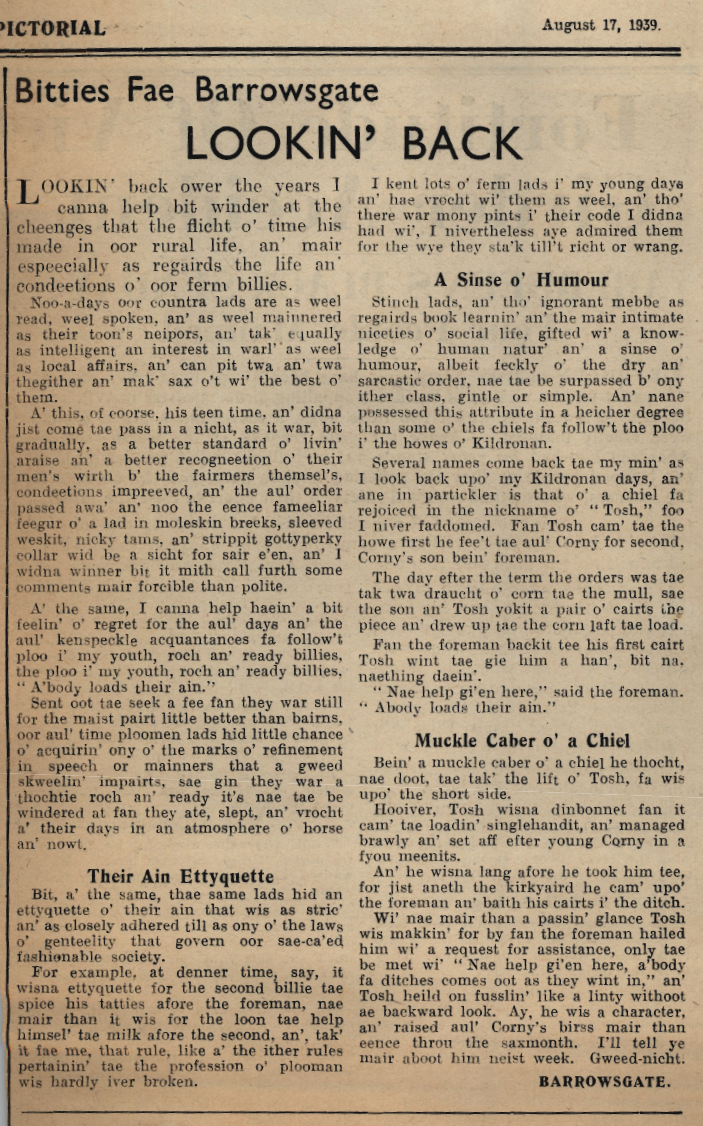 Wry obervations about rural life in north-east Scotland in the 1930s written by Barrowsgate in Doric