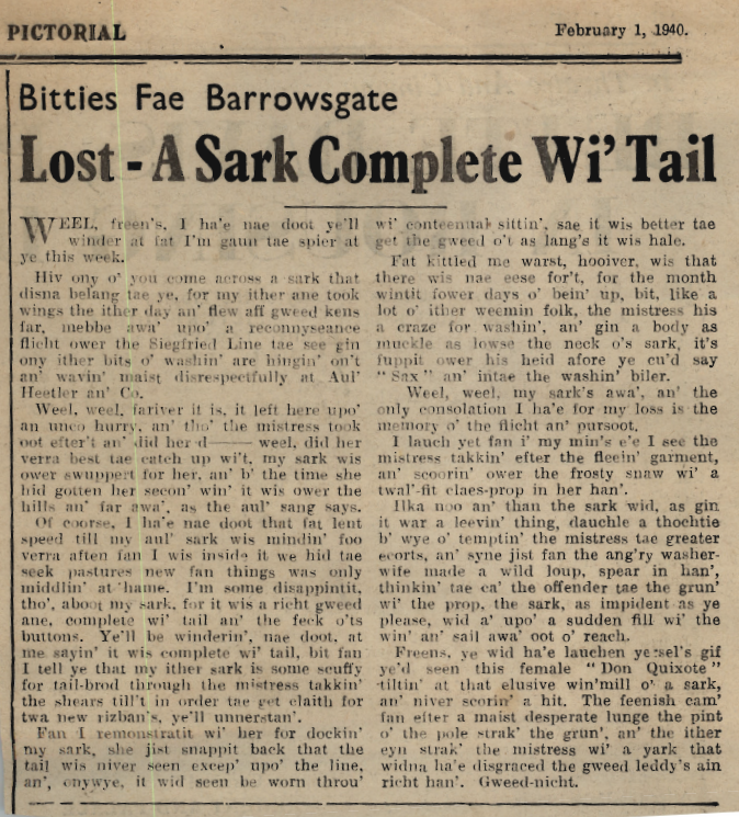 Wry obervations about rural life in north-east Scotland in the 1930s written by Barrowsgate in Doric