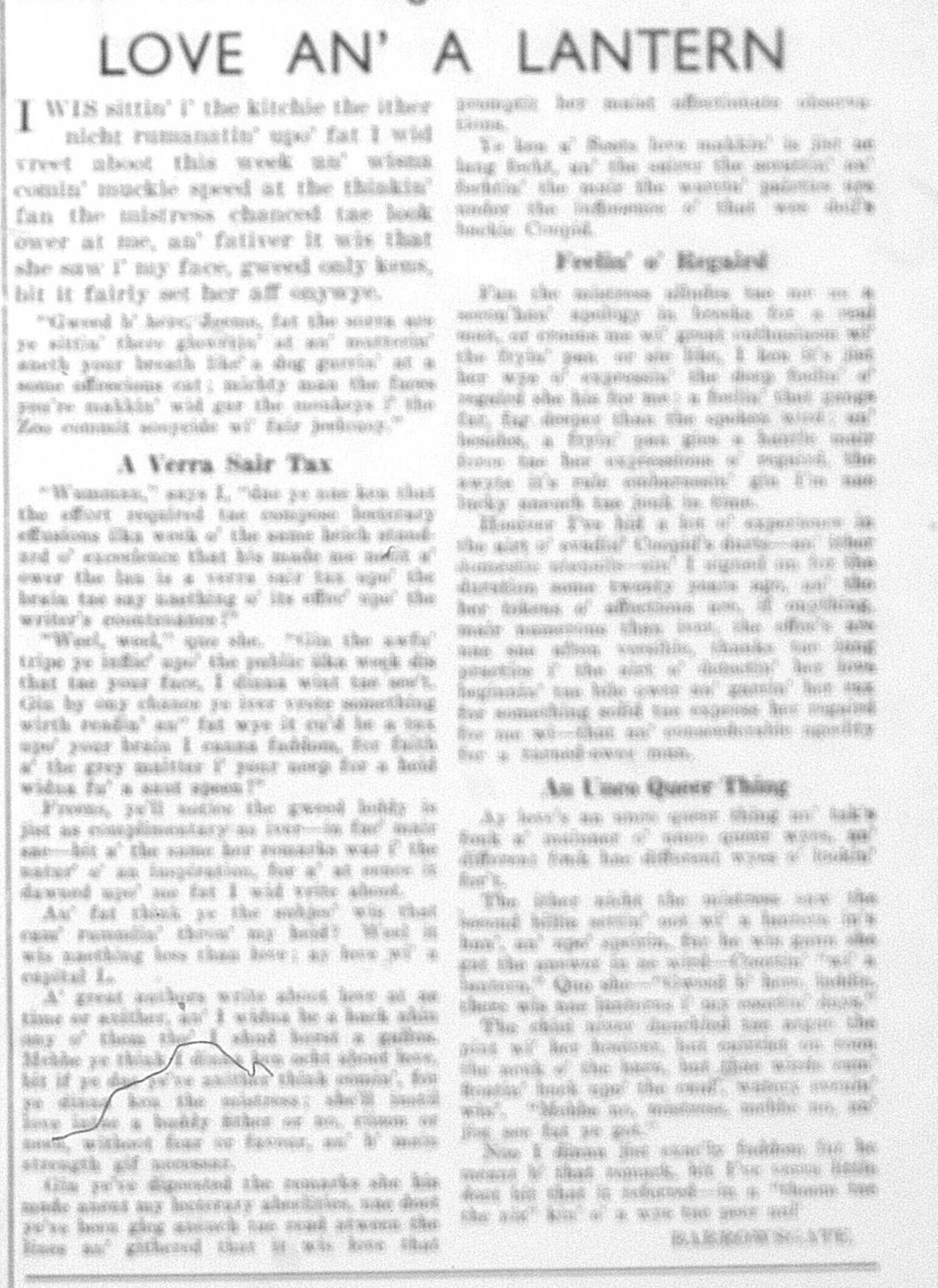 Wry obervations about rural life in north-east Scotland in the 1930s written by Barrowsgate in Doric