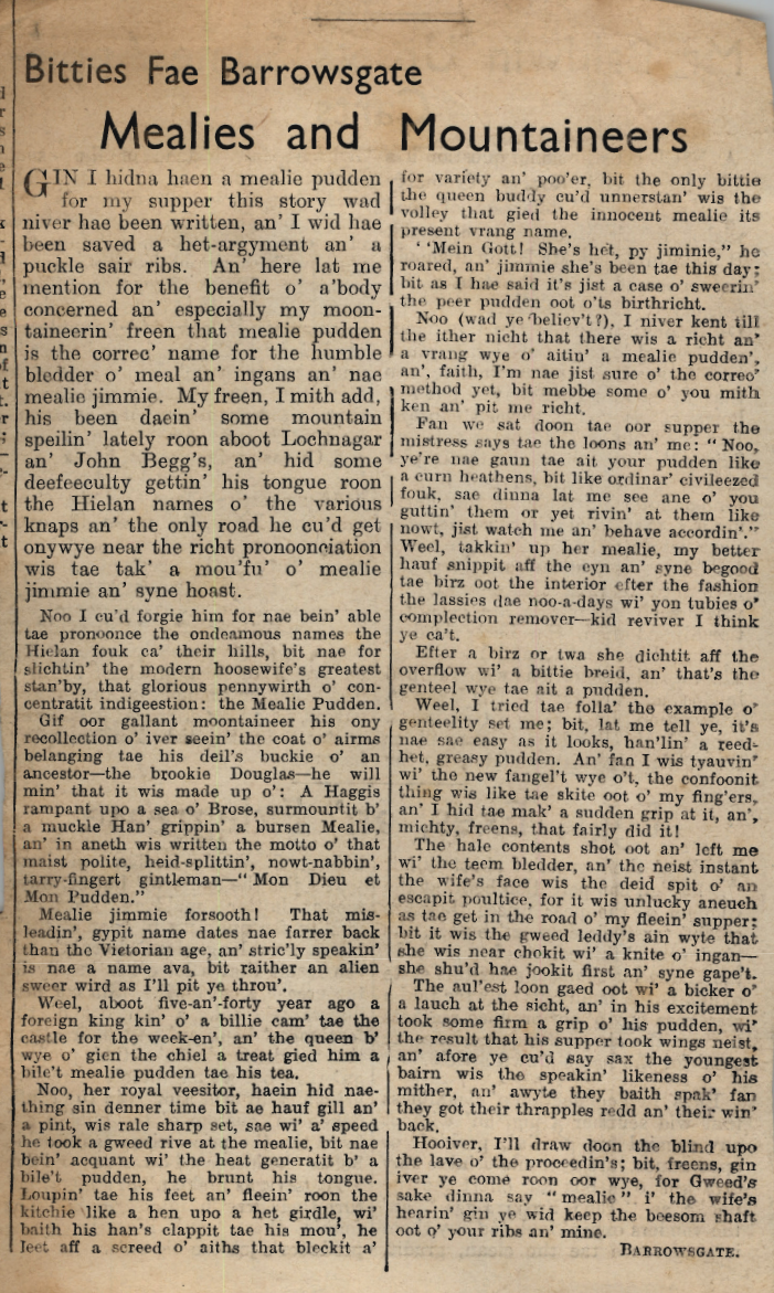 Wry obervations about rural life in north-east Scotland in the 1930s written by Barrowsgate in Doric