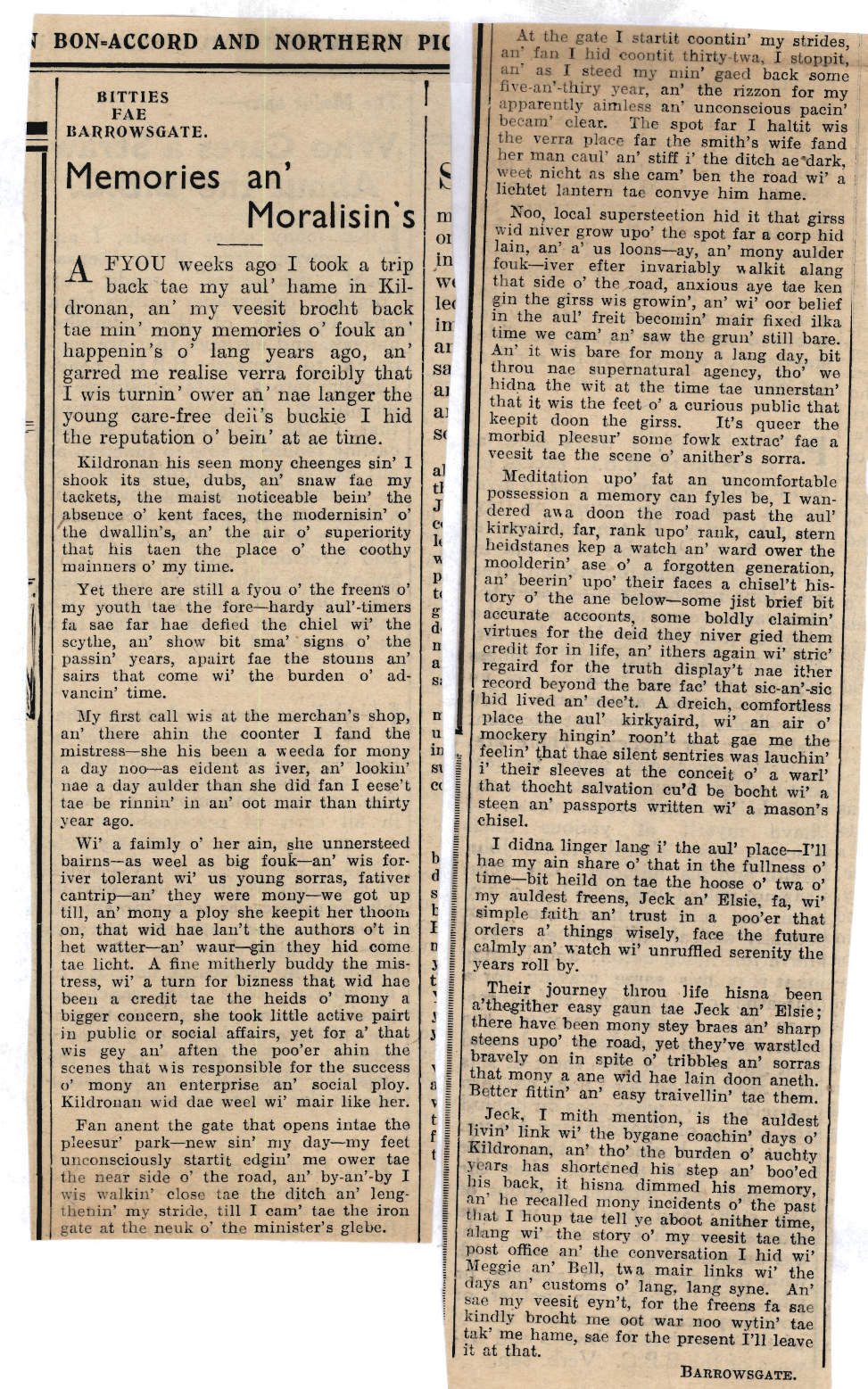 Wry obervations about rural life in north-east Scotland in the 1930s written by Barrowsgate in Doric